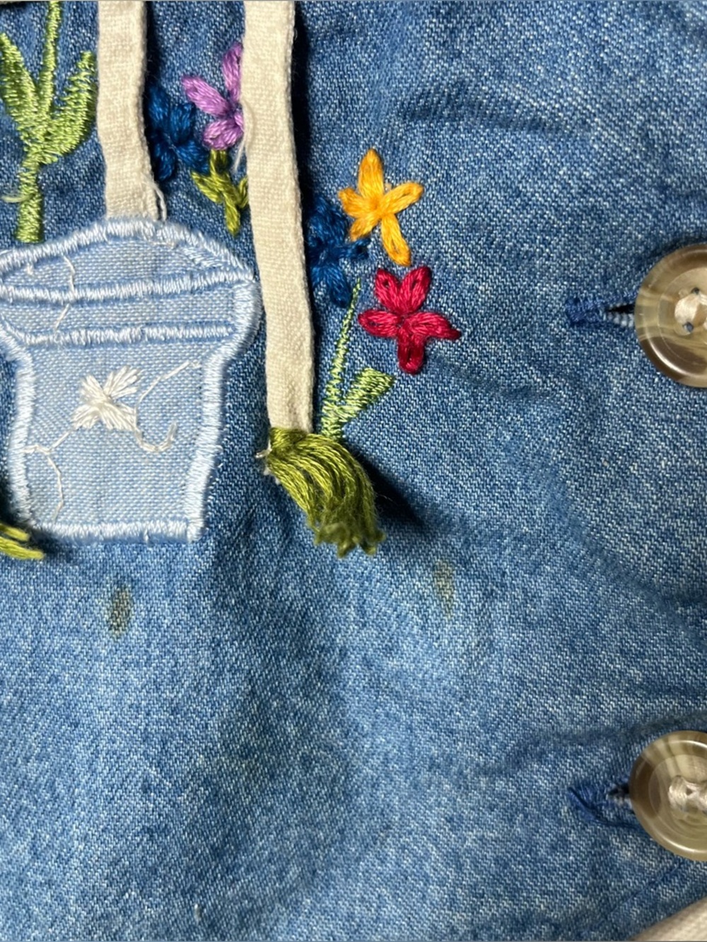 90s Vintage Garden Embroidered Denim Button Front Vest Artsy Boho Cottagecore - Picture 6 of 9